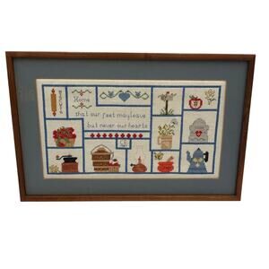 Kitchen Cross Stitch Vintage Framed "Home that our feet may leave but never our
